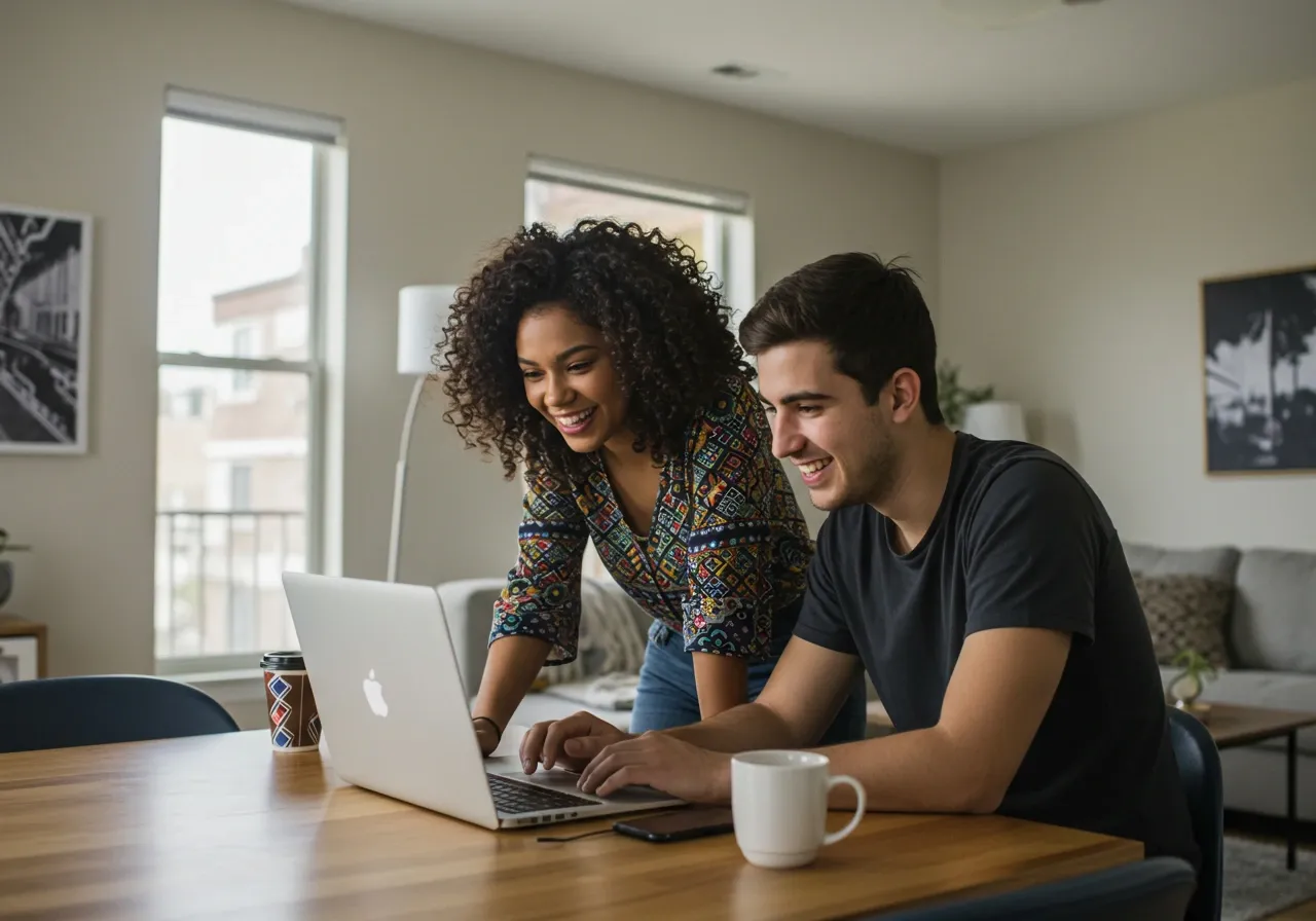 Two friends looking at fun stuff together on their awesome internet.